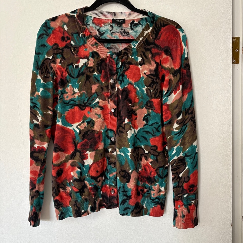 Talbots Watercolor Cardigan Size‎ Large Petite Button Front Sweater Cotton Blend